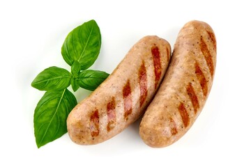 Roasted bbq sausages, isolated on white background.