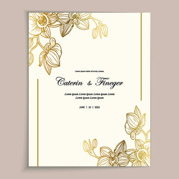 Delicate vintage greeting card template design with gold flowers for wedding