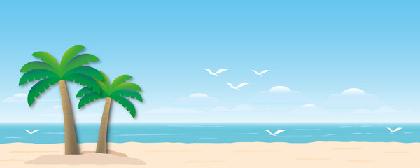 Fototapeta na wymiar Idyllic beach with turquoise blue sea, sand, coconut tree, bird, sky and cloud, Summer holiday concept, space for the text, paper cut design style.