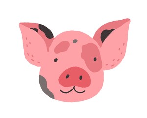 Face of cute baby mini pig. Funny happy piglets head portrait. Adorable piggy snout. Amusing farm animal avatar in doodle style. Flat vector illustration isolated on white background