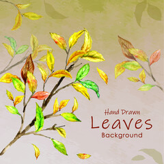 Watercolor autumn background with yellow brown leaves