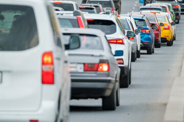 Traffic on a multi-lane road in big city center downtown