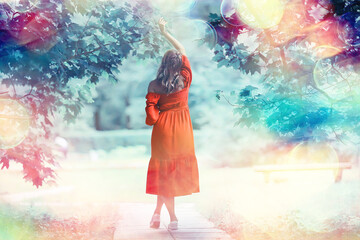 Fototapeta premium fashion beautiful woman in dress, nature park, romantic elegant person