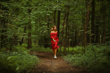 fashion beautiful woman in dress, nature park, romantic elegant person