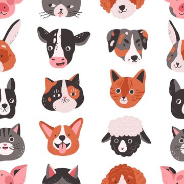 Seamless pattern with cute animals heads and faces on white background. Repeating backdrop with funny pets muzzles in doodle style. Colored flat vector illustration of endless design for printing