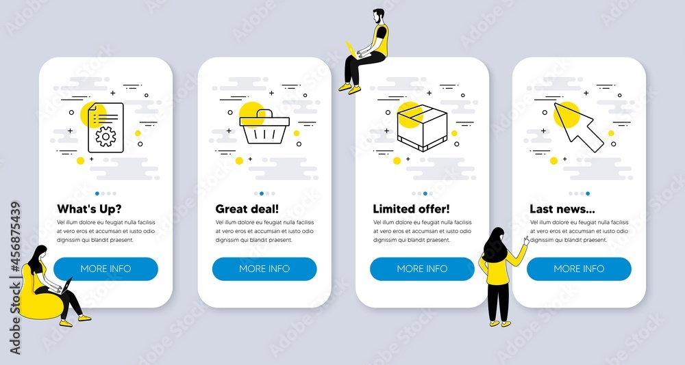 Poster vector set of line icons related to delivery box, technical documentation and shopping basket icons.
