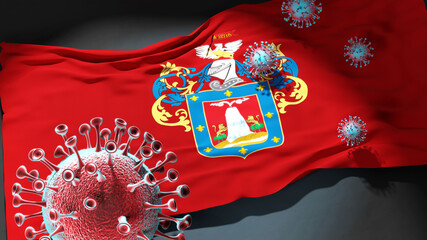 Covid in Arequipa - coronavirus attacking a city flag of Arequipa as a symbol of a fight and struggle with the virus pandemic in this city, 3d illustration