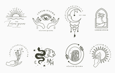 Collection of line design with woman,snake,moon.Editable vector illustration for website, sticker, tattoo,icon