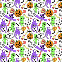 Happy Halloween-seamless pattern with set of icons-pumpkin, Jack lantern, zombie, bat, candy. Funny colorful holiday background, texture for greeting card, wrapping paper, party poster