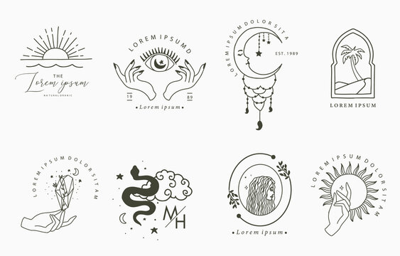 Collection of line design with woman,snake,moon.Editable vector illustration for website, sticker, tattoo,icon