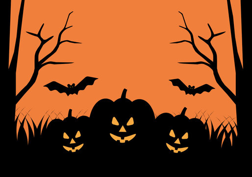 Happy Halloween with shadow monster on orange background, Halloween illustration for web, poster, flyers, ad, promotions, blogs, social media, marketing, greeting card. paper cut design style.