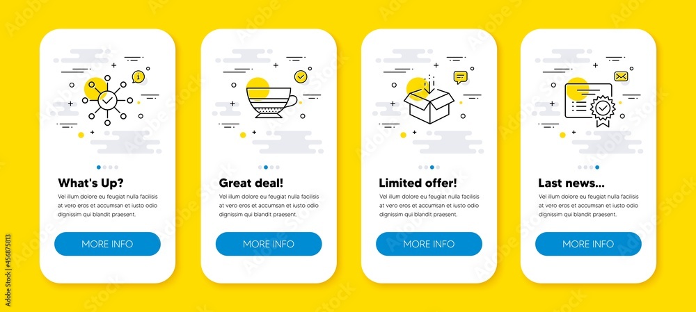 Poster vector set of get box, mocha and survey check line icons set. ui phone app screens with line icons. 