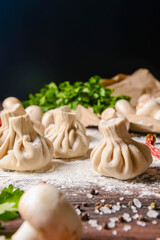 Georgian dumpling or Khinkali. Georgian homemade khinkali on wooden background.