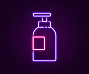Glowing neon line Hand sanitizer bottle icon isolated on black background. Disinfection concept. Washing gel. Alcohol bottle for hygiene. Colorful outline concept. Vector