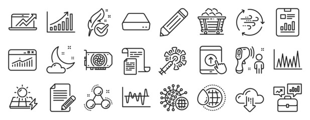 Set of Science icons, such as Stock analysis, Night weather, Website statistics icons. Graph chart, Wind energy, Coal trolley signs. Swipe up, Sales diagram, Mini pc. Line graph, Documents. Vector