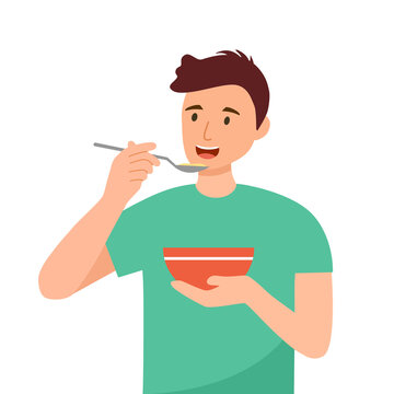 Man eating cereal or soup using spoon in flat design on white background. Asian breakfast or lunch meal.