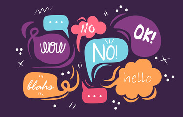 Speed text bubbles. Beautiful pictures for dialogue in the messenger. Bright pictures for children. Graphic elements for website. Cartoon flat vector illustration isolated on violet background