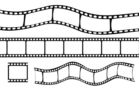 Set of film strip. Black and white images. Retro video recording, montage, broke. Graphic element for website. Old camcorder, back to 90s. Flat vector illustration isolated on white background