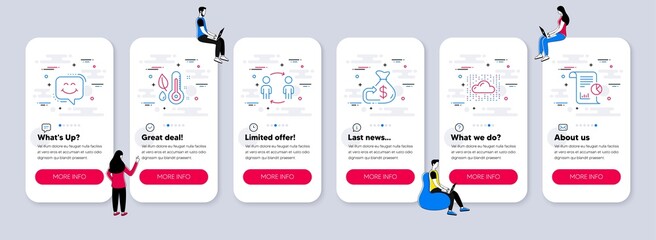 Vector Set of Business icons related to Thermometer, Workflow and Cloud system icons. UI phone app screens with teamwork. Smile chat, Cashback and Report line symbols. Vector