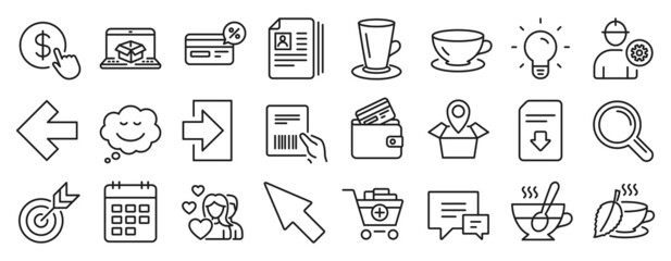Set of line icons, such as Light bulb, Speech bubble, Calendar icons. Target, Teacup, Left arrow signs. Engineer, Add products, Tea cup. Mint tea, Research, Cashback. Comment, Mouse cursor. Vector