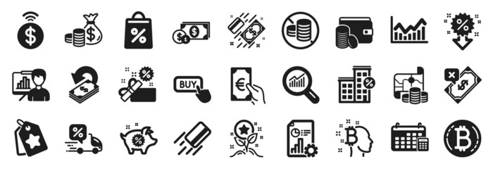 Fototapeta premium Set of Finance icons, such as Shopping bag, Cashback, Credit card icons. Delivery discount, Bitcoin, Dollar money signs. Discount, Loyalty tags, Finance. Loyalty points, Loan house, Sale. Vector