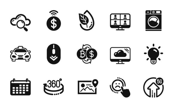 Vector set of Organic product, Taxi and Photo location icons simple set. Cloud computing, Bitcoin exchange and Washing machine icons. Light bulb, Contactless payment and Calendar signs. Vector