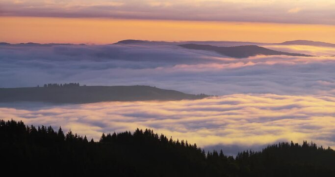 Morning traditional alpine landscape in the Carpathians, Ukraine, sunrise after rain, fast running seas and rivers of fog timelapse video