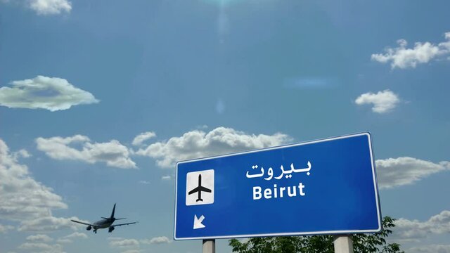 Jet plane landing in Beirut, Lebanon. City arrival with airport direction sign. Travel, business, tourism and transport concept.