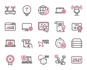 Vector Set of Technology icons related to Monitor settings, Wifi and Reject medal icons. Certificate, 5g internet and Microphone signs. Dj controller, Approved agreement and Online delivery. Vector