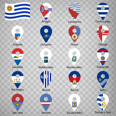 Nineteen  flags the Departments of Uruguay -  alphabetical order with name.  Set of 2d geolocation signs like flags Departments of Uruguay . Nineteen  one 2d geolocation signs for your design. EPS10