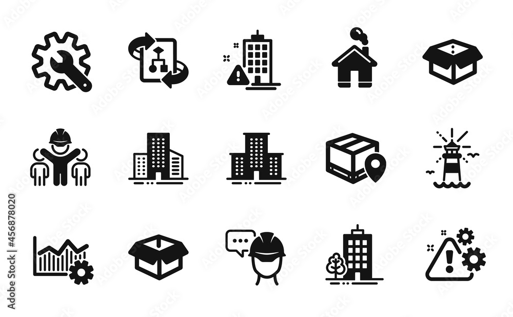 Poster vector set of warning, lighthouse and buildings icons simple set. technical algorithm, building warn