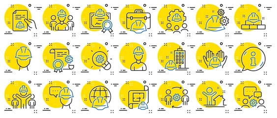 Engineering line icons. Teamwork, People and Technical documentation. Blueprint with gear, engineer and construction helmet set icons. Technician, industrial people, engineering process. Vector