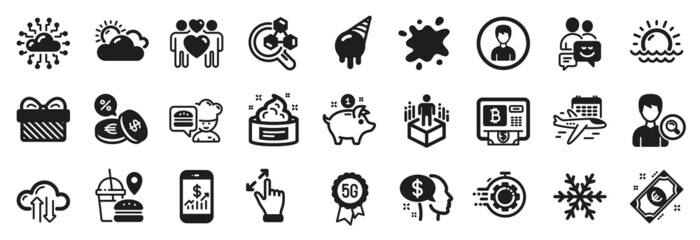 Set of Business icons, such as Fast food, Dirty spot, Communication icons. Search people, 5g technology, Touchscreen gesture signs. Ice cream, Love couple, Seo timer. Pay, Chef, Sunset. Vector