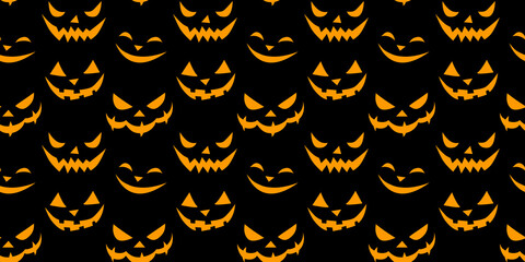 Vector Seamless pattern of smiling faces in flat style. Glowing and looking out of dark creepy snouts of creatures, isolated on black background. Halloween texture