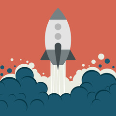 Vector of a launching rocket with clouds of smoke in retro colors