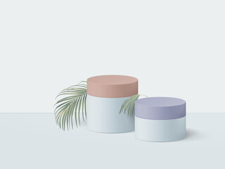 Product display mockup design, pastel circle podium decorated with indoor bamboo palm leaves