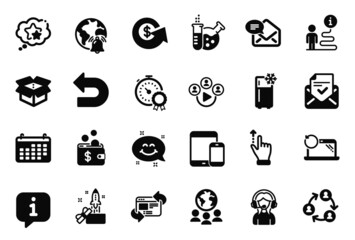 Vector Set of Technology icons related to Recovery laptop, Video conference and Dollar exchange icons. Support, Ranking stars and Smile chat signs. Refrigerator, Touchscreen gesture and Undo. Vector
