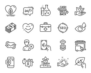 Vector set of Work home, Local grown and Shoulder strap line icons set. Eye drops, Cashback card and Remove account icons. First aid, Sunny weather and Refresh mail signs. Work home web symbol. Vector