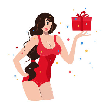 Sexy cartoon girl with dark hair in a red bikini swimsuit holding a gift. Beautiful woman advertises goods. Isolated vector illustration can be used to advertise a store. Banner poster flyer postcard.