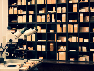 A lot of wood samples on the shelves and two microscopes for studying wood specimens