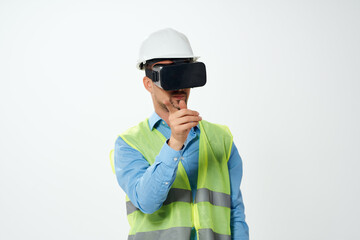 man in working uniform construction virtual reality glasses engineer