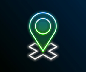 Glowing neon line Map pin icon isolated on black background. Navigation, pointer, location, map, gps, direction, place, compass, search concept. Colorful outline concept. Vector