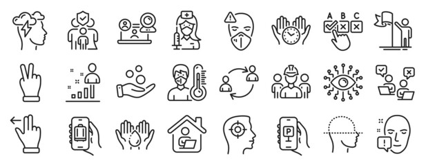 Set of People icons, such as Wash hands, Artificial intelligence, Video conference icons. Face scanning, Victory hand, Correct checkbox signs. Face attention, Mindfulness stress, Stats. Vector