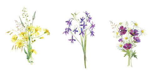 Obraz na płótnie Canvas Three watercolor bouquets of bright multicolored wildflowers