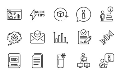 Technology icons set. Included icon as Return package, Chemistry dna, Ssd signs. Approved mail, Work home, Quickstart guide symbols. Rfp, Seo statistics, Diagram graph. Copy files. Vector