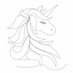 portrait of unicorn drawing by one continuous line, isolated
