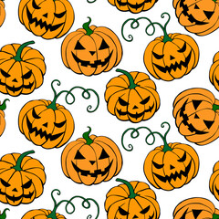 Vector Seamless pattern with pumpkins, Jack o Lantern. Halloween backgrounds and textures in flat doodle style, isolated