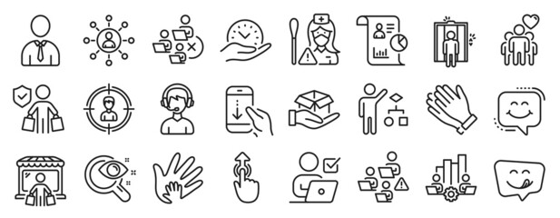 Set of People icons, such as Headhunting, Safe time, Social responsibility icons. Human, Hold box, Friendship signs. Clapping hands, Swipe up, Networking. Report, Teamwork chart, Nurse. Vector