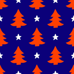 Obraz premium Christmas seamless pattern for greeting cards, wrapping papers. Hand drawn winter background from doodle Christmas trees and snowflakes. Abstract Christmas Tree Seamless Vector Patterns. 