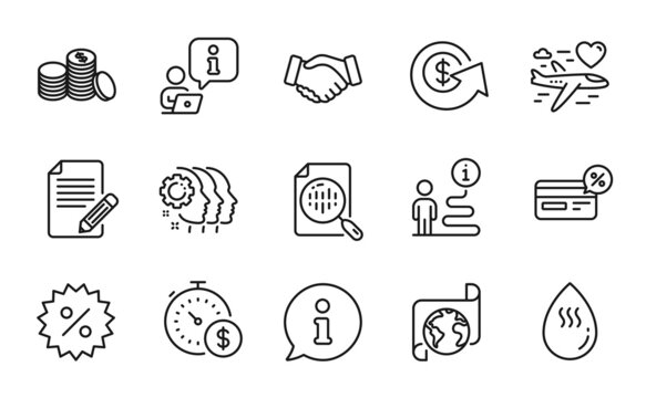 Business icons set. Included icon as Handshake, Honeymoon travel, Analytics chart signs. Dollar exchange, Discount, Translation service symbols. Last minute, Employees teamwork, Cashback. Vector